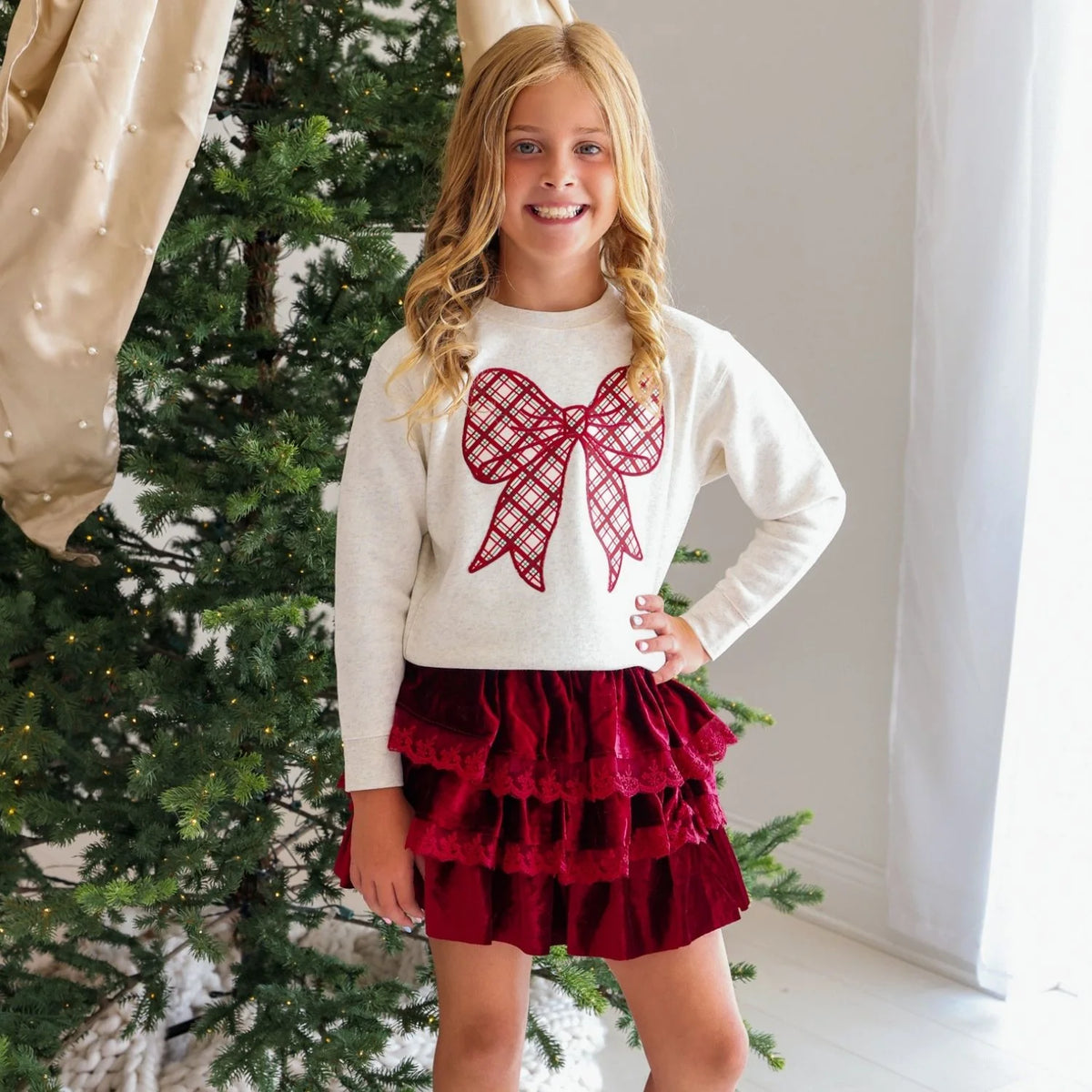 Girls Ruby Red Velvet Tiered Christmas Skirt by Sweet Wink