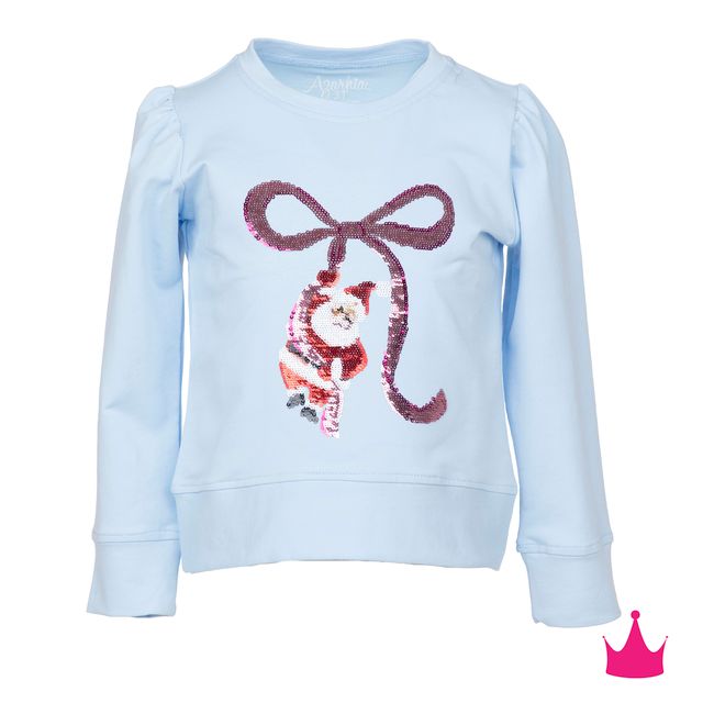 Girls Sequin Santa Bow Light Blue Holly Top by Azarhia