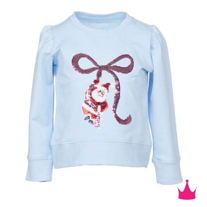 Girls Sequin Santa Bow Light Blue Holly Top by Azarhia