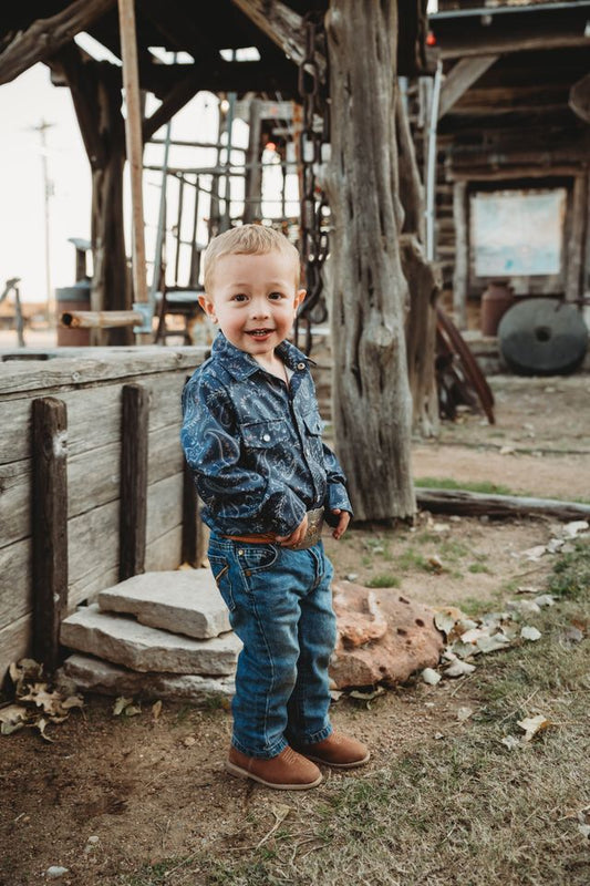 Boys Grey Paisley LS Pearl Snap Onesie or Shirt by Shea Baby
