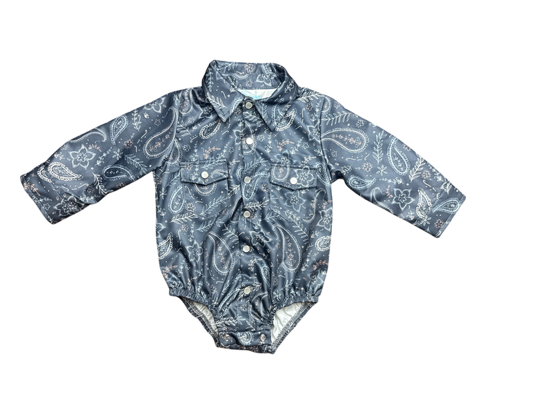 Boys Grey Paisley LS Pearl Snap Onesie or Shirt by Shea Baby