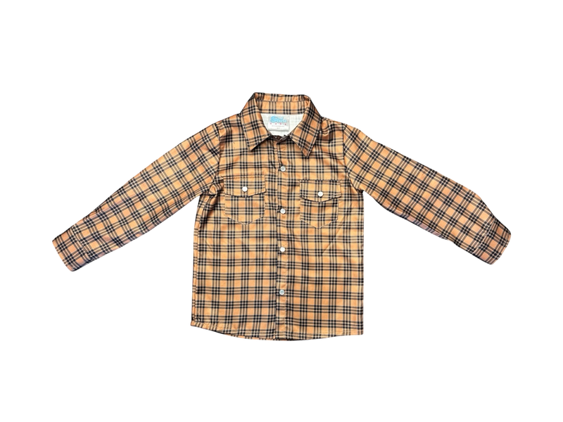 Boys Brown Plaid LS Pearl Snap Onesie or Shirt by Shea Baby