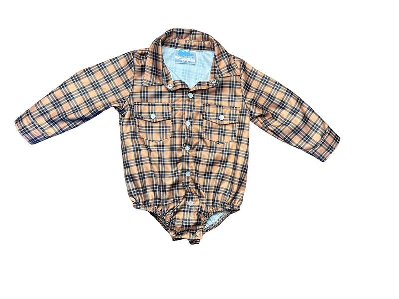 Boys Brown Plaid LS Pearl Snap Onesie or Shirt by Shea Baby