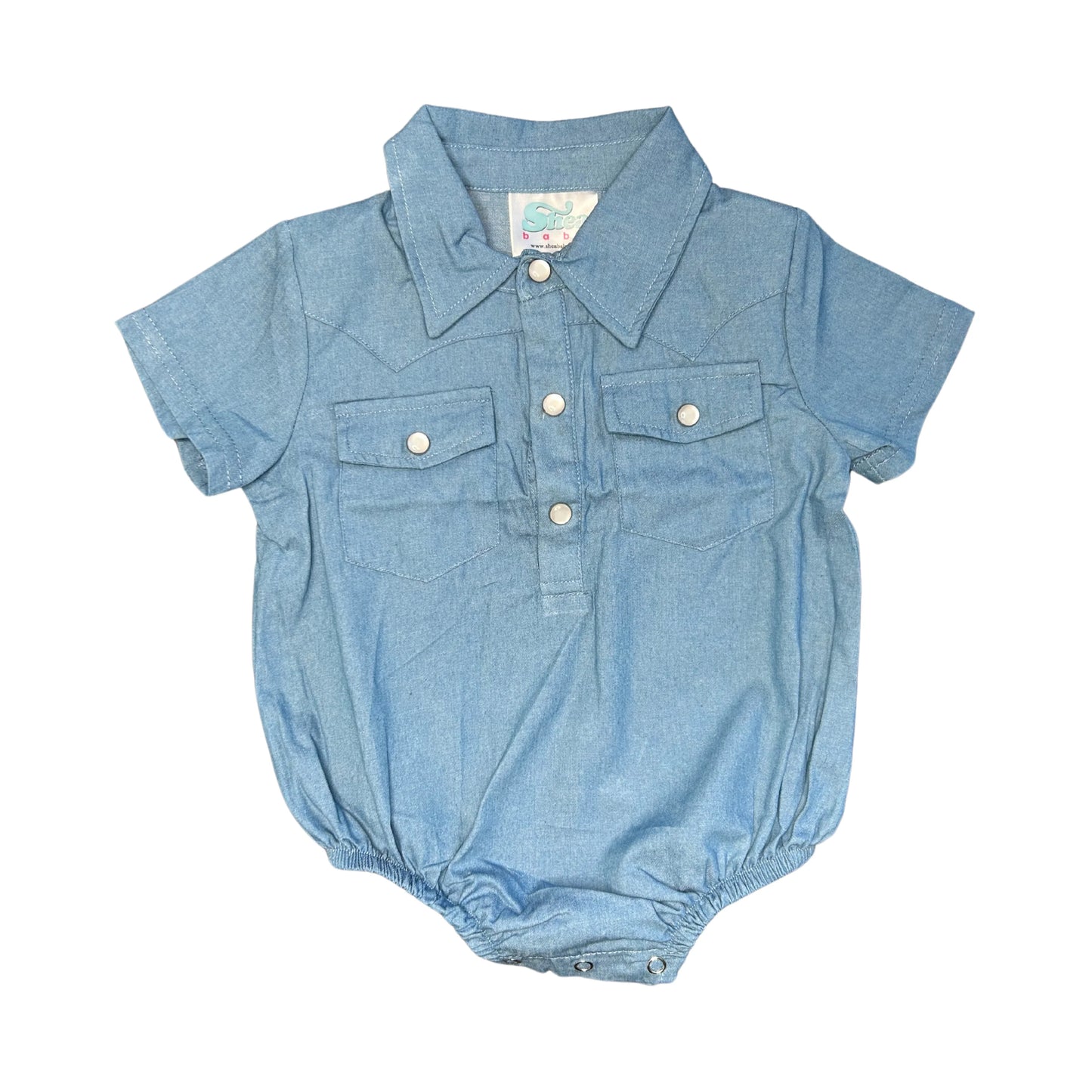 Boys Light Denim S/S Pearl Snap Onesie by Shea Baby
