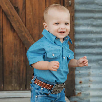 Boys Light Denim S/S Pearl Snap Onesie by Shea Baby