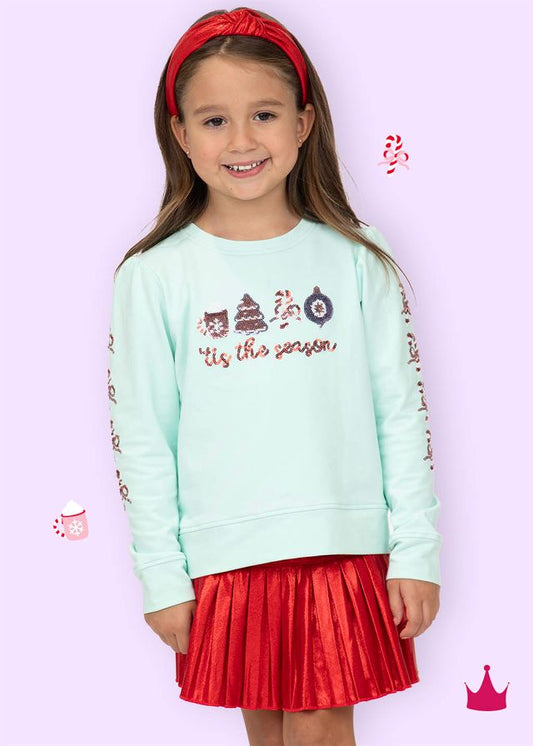Girls Sequin Tis The Season Mint Holly Top by Azarhia