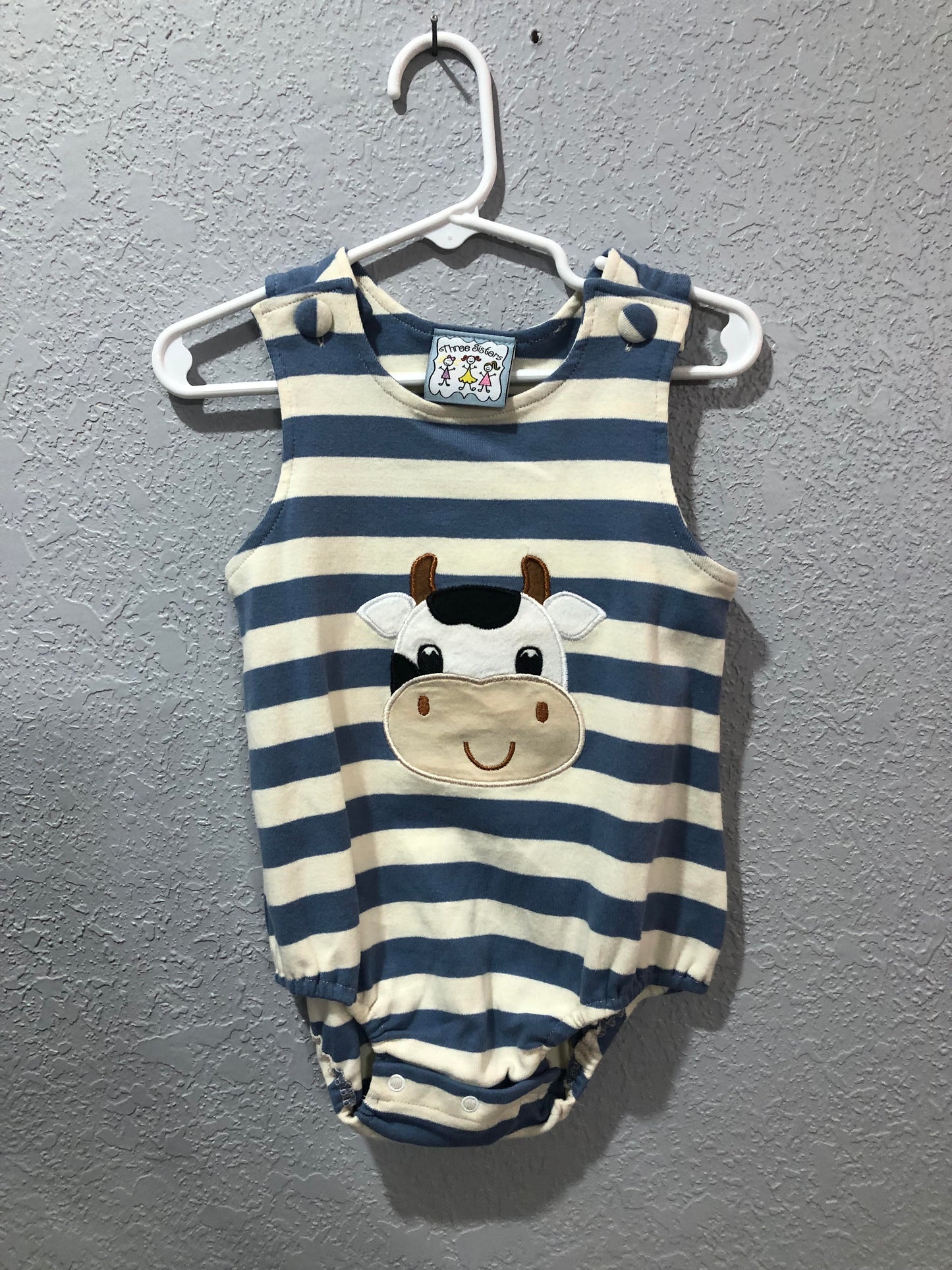 Boys Blue and Cream Stripe Onesie with Cow Applique by Three Sisters