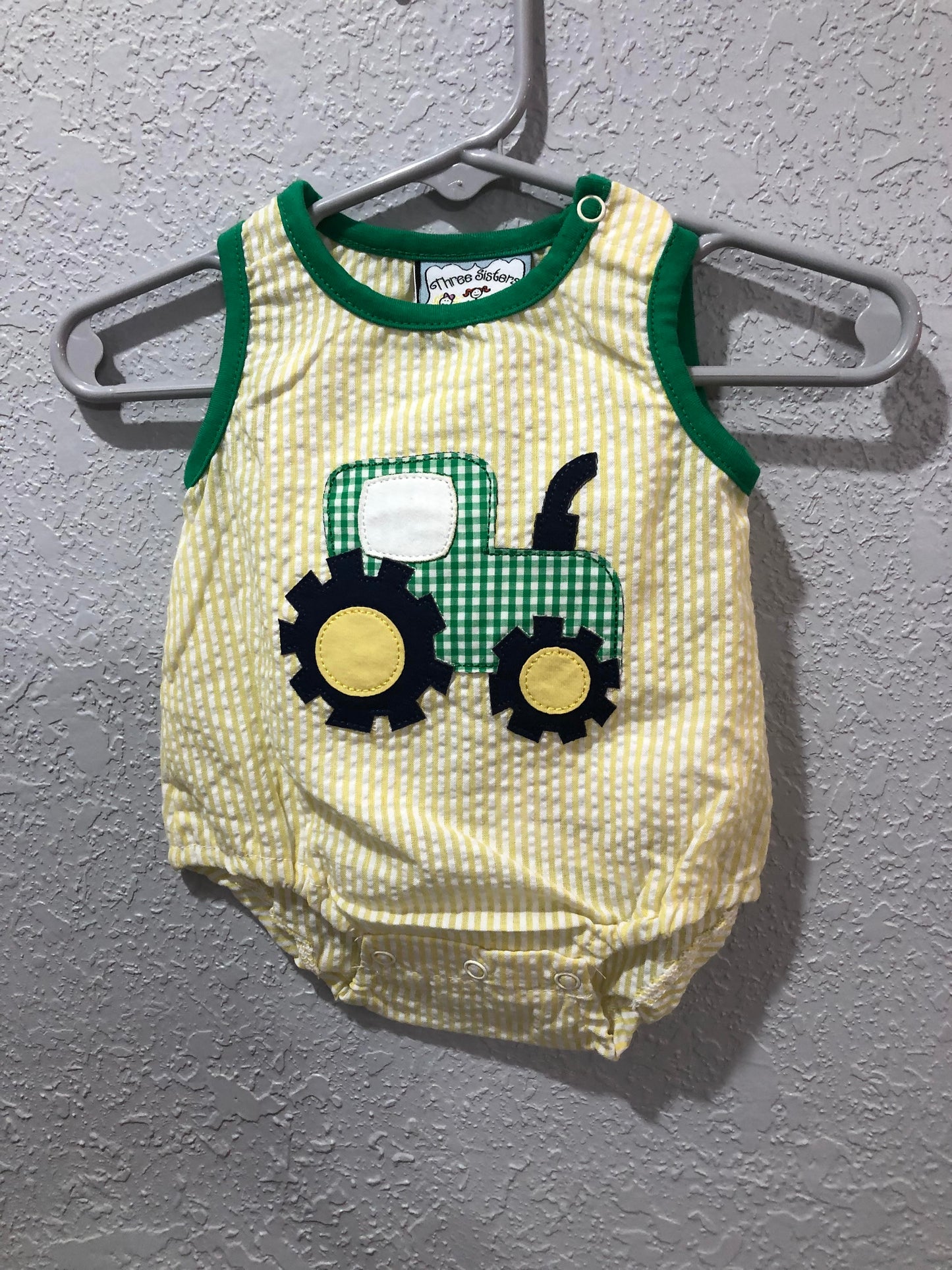 Boys Yellow Seersucker Onesie with Tractor Applique by Three Sisters