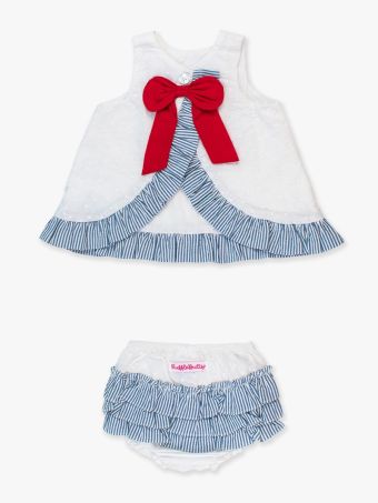 Girls White/Blue Seersucker Swing Top/Bloomer Set by Ruffle Butts