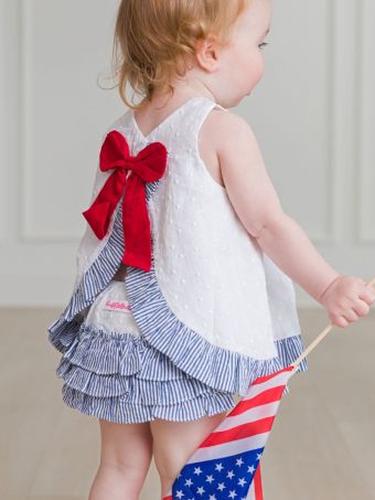 Girls White/Blue Seersucker Swing Top/Bloomer Set by Ruffle Butts