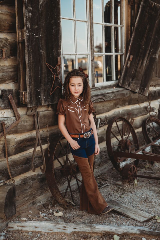 Girls Brown Vintage SS Pearl Snap Onesie or Shirt by Shea Baby