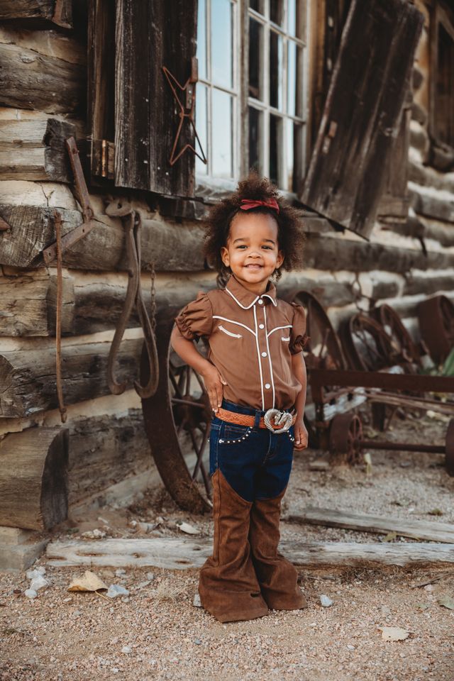 Girls Brown Vintage SS Pearl Snap Onesie or Shirt by Shea Baby