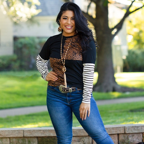 Ladies Color Block and Striped Long Sleeve Top