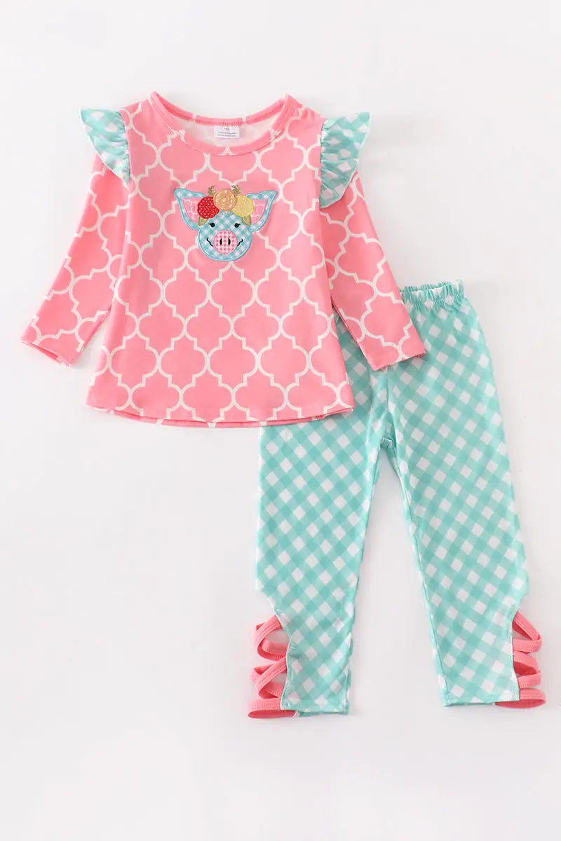 Girls Pink Pig Applique Ruffle Set