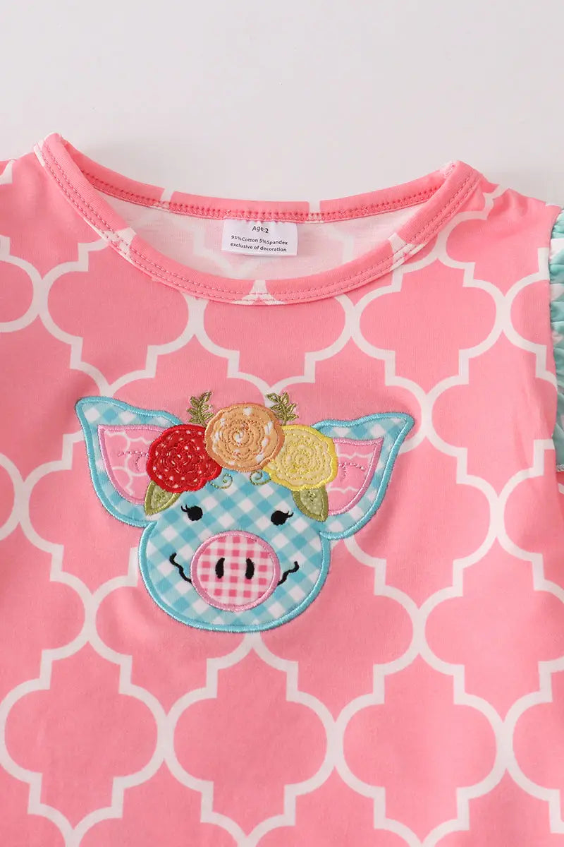 Girls Pink Pig Applique Ruffle Set