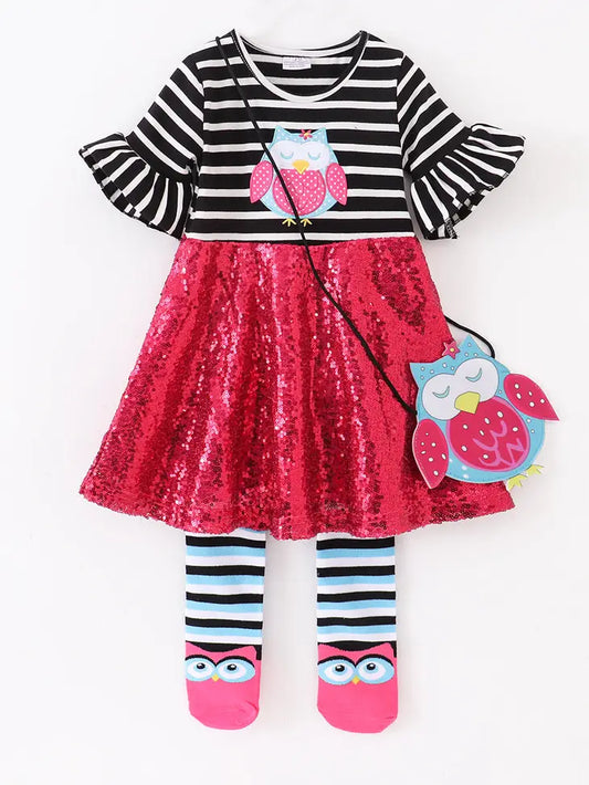 Girls Red Sequin Stripe Owl Dress (3-Piece Set)