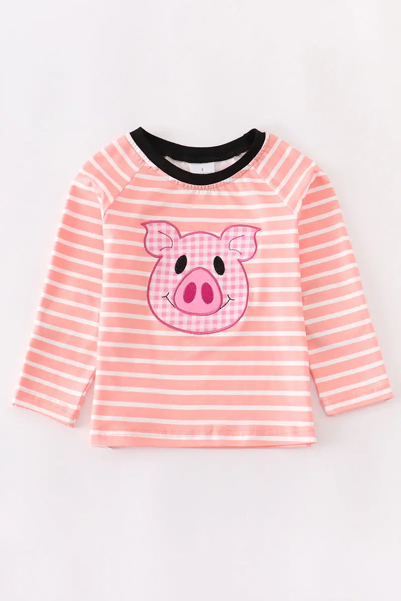 Girls Striped Pig Applique Top