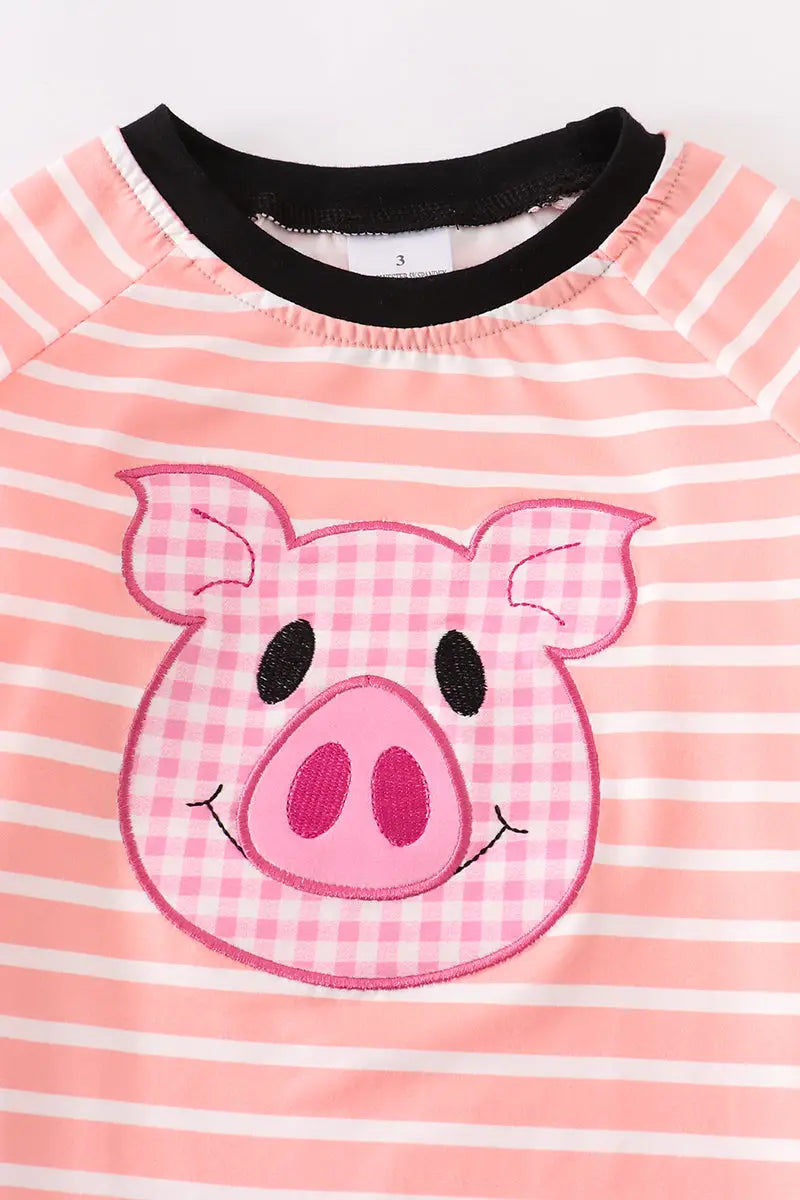 Girls Striped Pig Applique Top