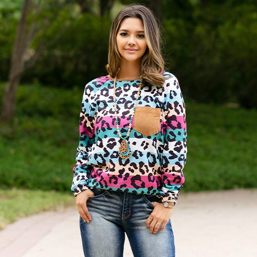 Ladies Multicolor Leopard Long Sleeve Top with Pocket