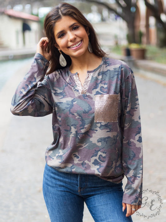 Ladies Grace & Emma Welcome to the Jungle Sequin Notch Long Sleeve Top With Pocket, Camouflage