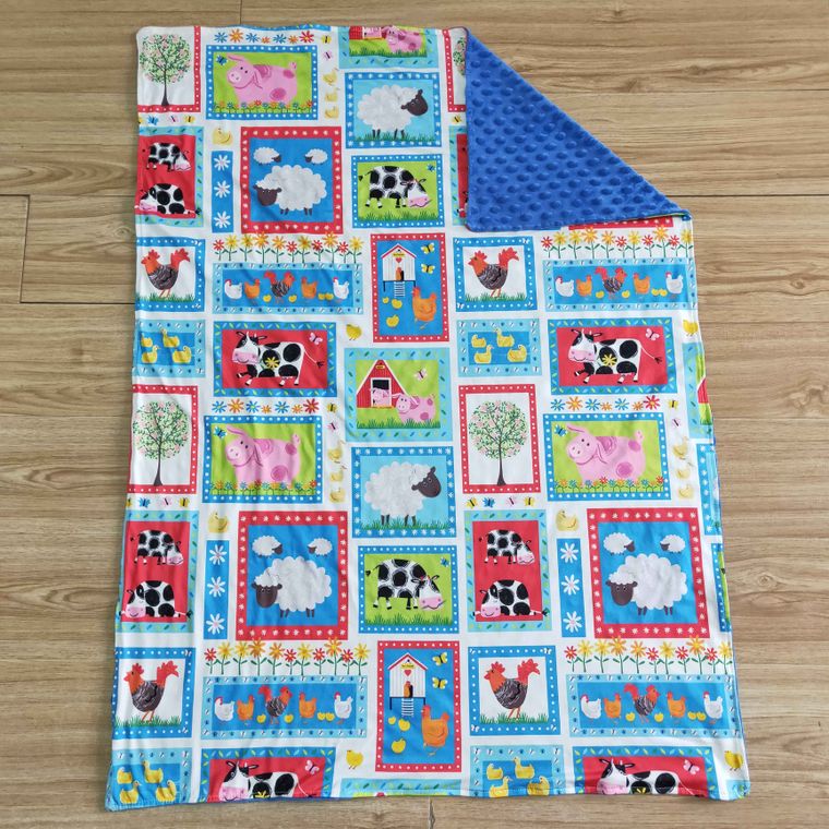 Farm Print Blanket with Blue Dot Minky Back