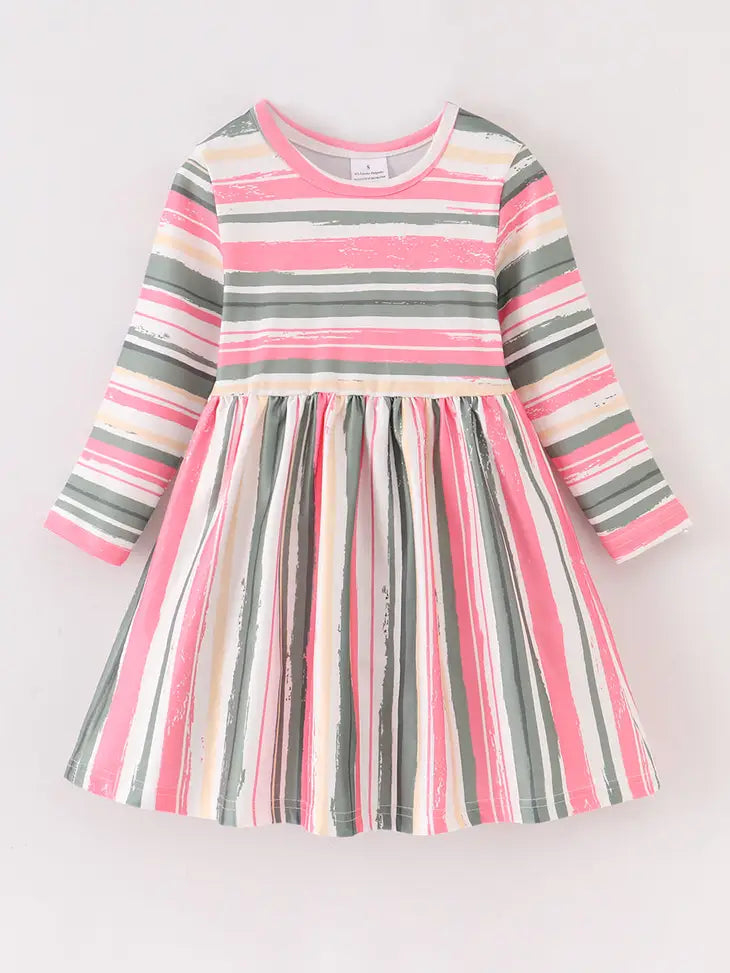 Pink, Yellow, Grey and White Stripe Twirl Dress