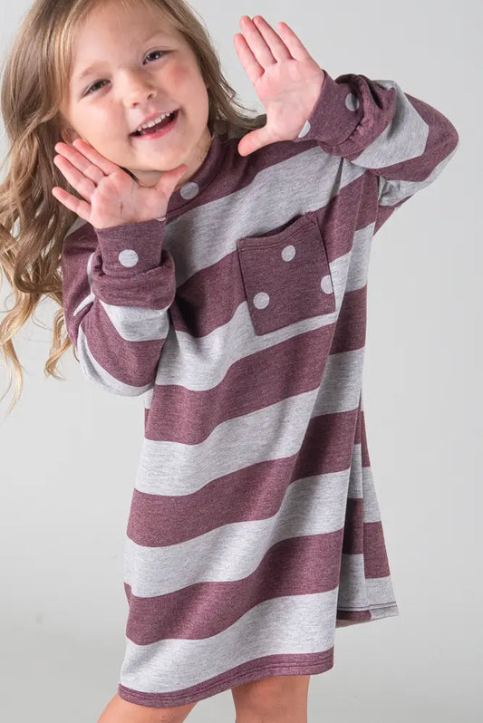 Girls 12PM Striped Knit Contrast Dress With Polka Dot Pocket and Long Sleeves