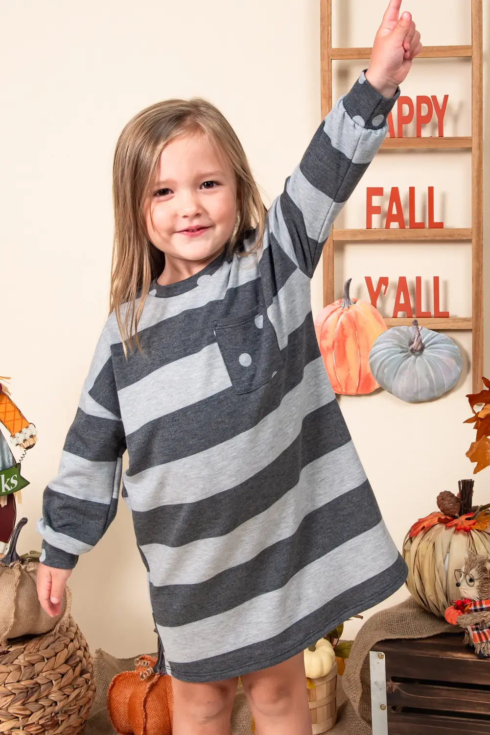 Girls 12PM Striped Knit Contrast Dress With Polka Dot Pocket and Long Sleeves