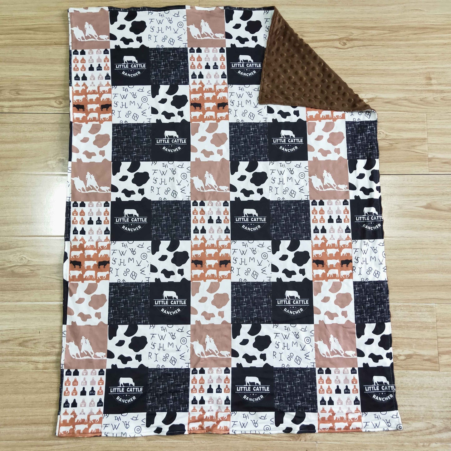 Hello Cattle Blanket with Brown Dot Minky Back