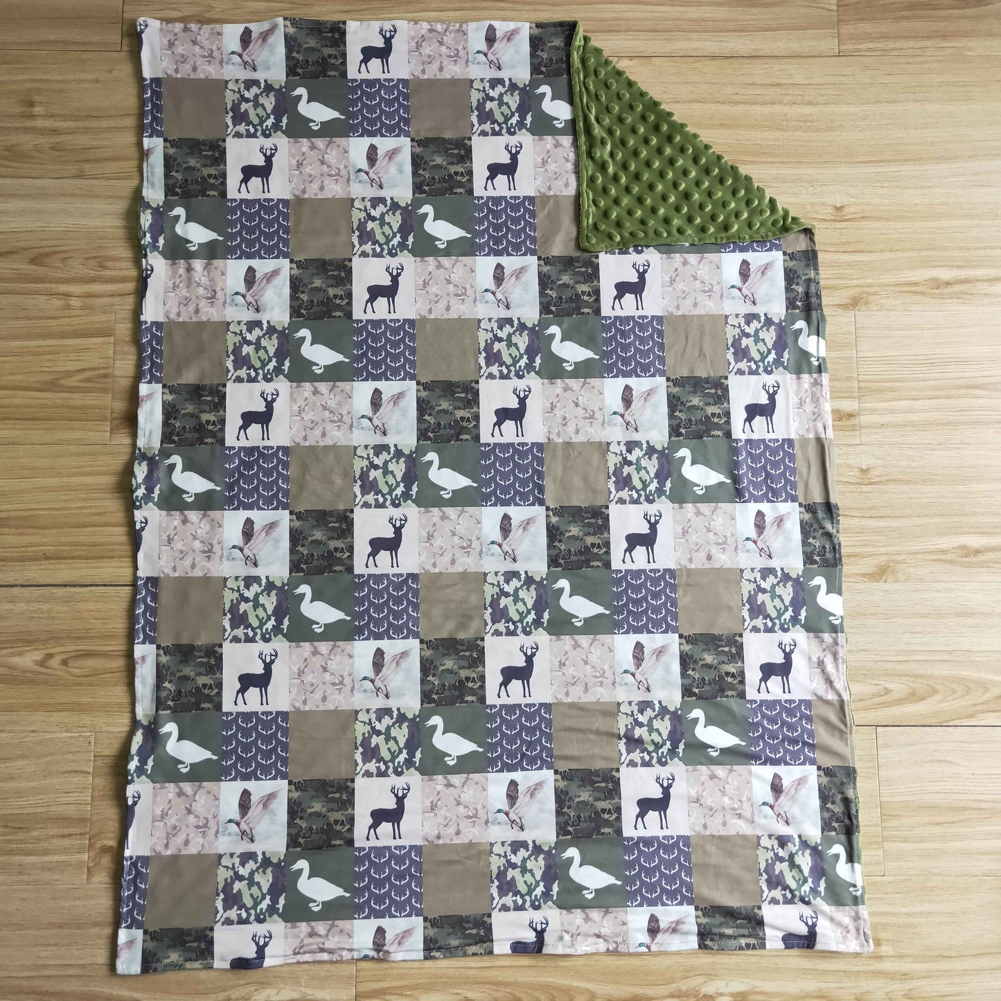 Duck Deer Camo Patchwork Blanket with Green Dot Minky Back