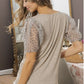 Ladies Slub Knit Top With Floral Puff Sleeves - Mocha