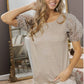 Ladies Slub Knit Top With Floral Puff Sleeves - Mocha