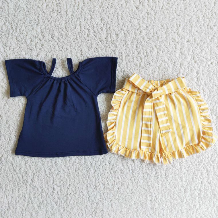 Girls Navy Shirt with Yellow Stripe Ruffle Shorts (2-Pieces)