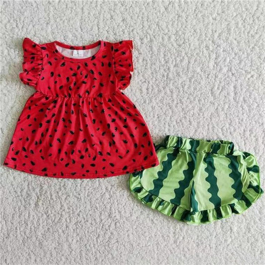 Girls Watermelon Flutter Sleeve Top and Shorts (2-Pieces)