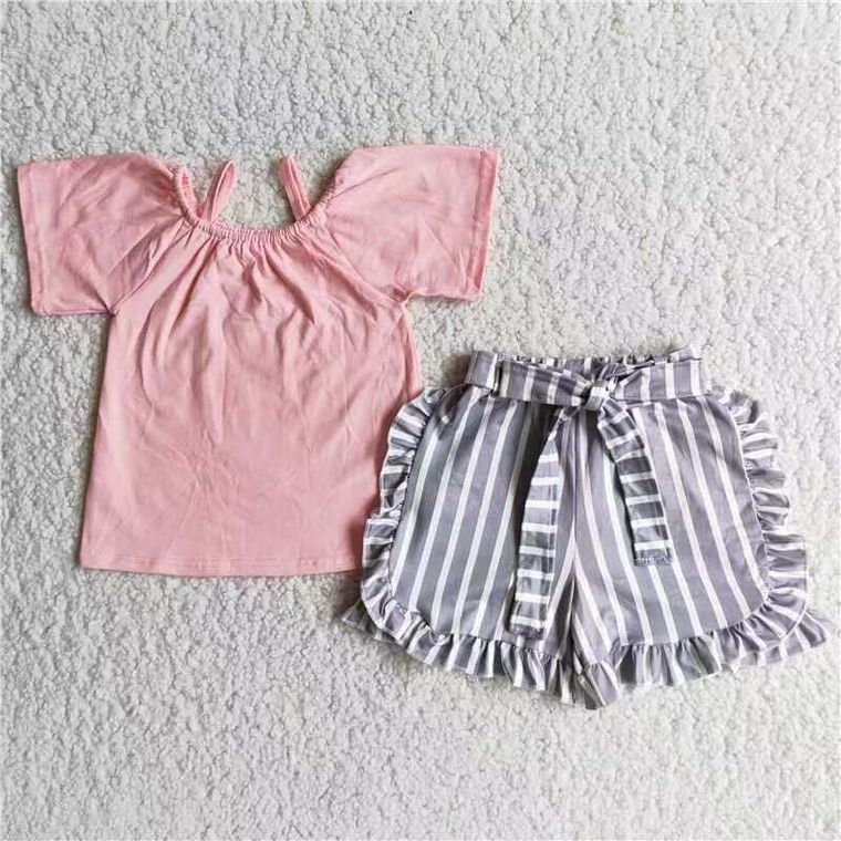 Girls Pink Shirt with Grey Stripe Ruffle Shorts (2-Pieces)