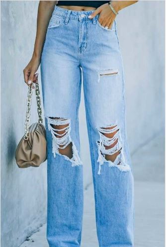 Ladies Mid-Rise Ripped Wide Leg Jeans-Lt Blue