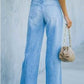 Ladies Mid-Rise Ripped Wide Leg Jeans-Lt Blue