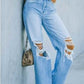 Ladies Mid-Rise Ripped Wide Leg Jeans-Lt Blue