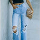 Ladies Mid-Rise Ripped Wide Leg Jeans-Lt Blue