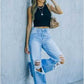 Ladies Mid-Rise Ripped Wide Leg Jeans-Lt Blue