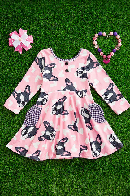 Girls Puppy Printed on Pink Dress With Side Pockets