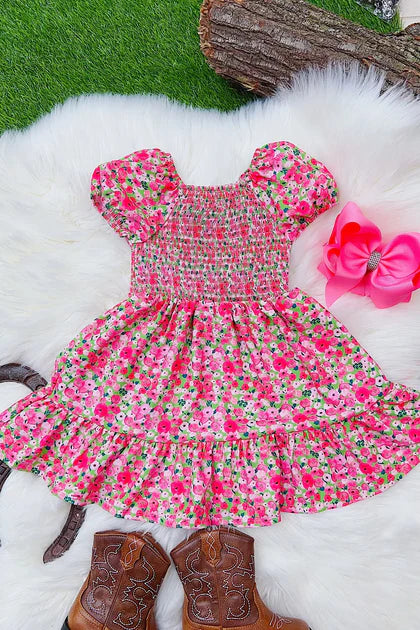 Girls Ditsy Floral Ruffle Dress With Bubble Sleeves