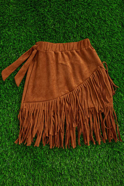 Girls Brown High-Low Fringe Faux Suede Skirt With Side Knot