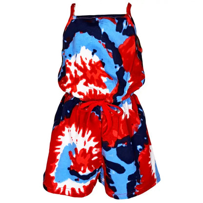 Girls Ann Loren Red, White and Blue Tie Dye Shorts Jumpsuit