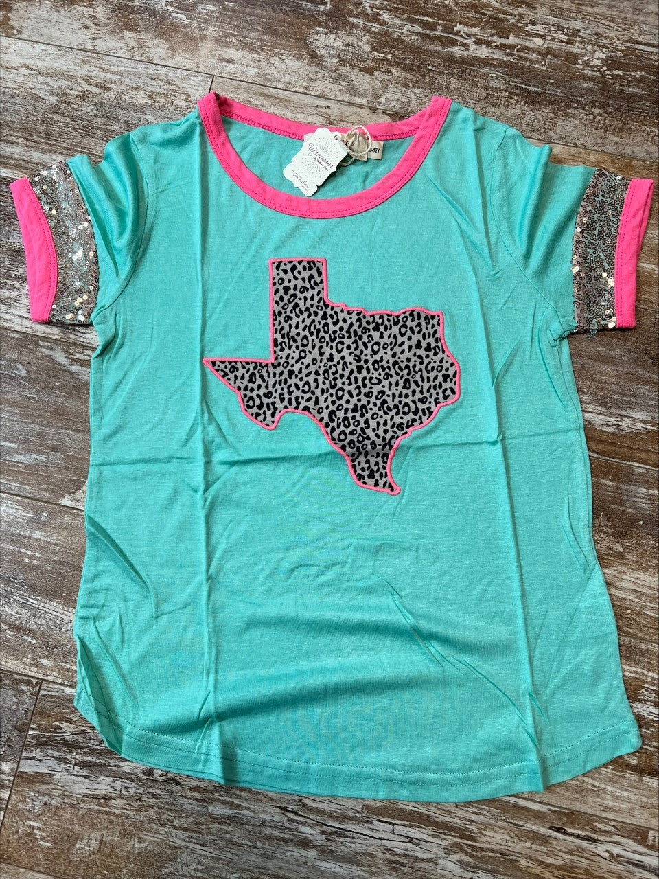 Girls Wanderer Teal and Pink Tshirt with Leopard Texas by Southern Grace