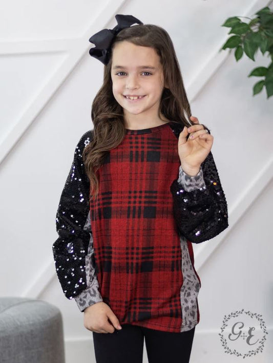 Girls Grace & Emma I'm A Diva Raglan Balloon Long Sleeve with Sequins, Plaid