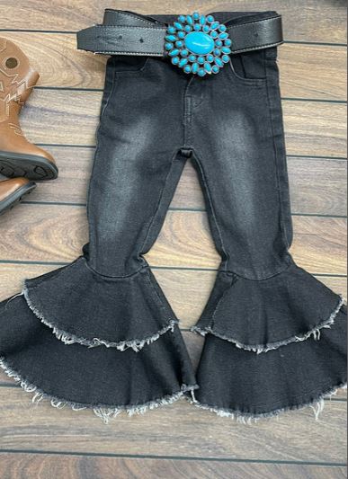 Girls Black Denim Bell Pants