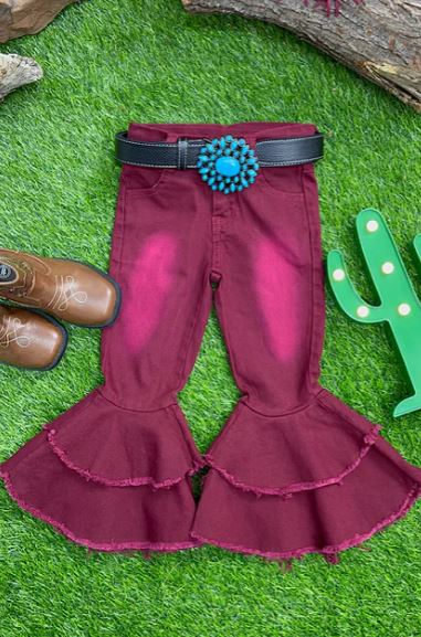 Girls Burgundy Denim Bell Pants