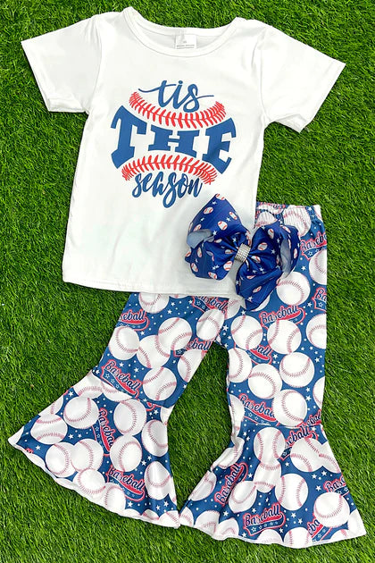 Girls "Tis The Season" White TShirt with Baseball Printed Bell Bottoms