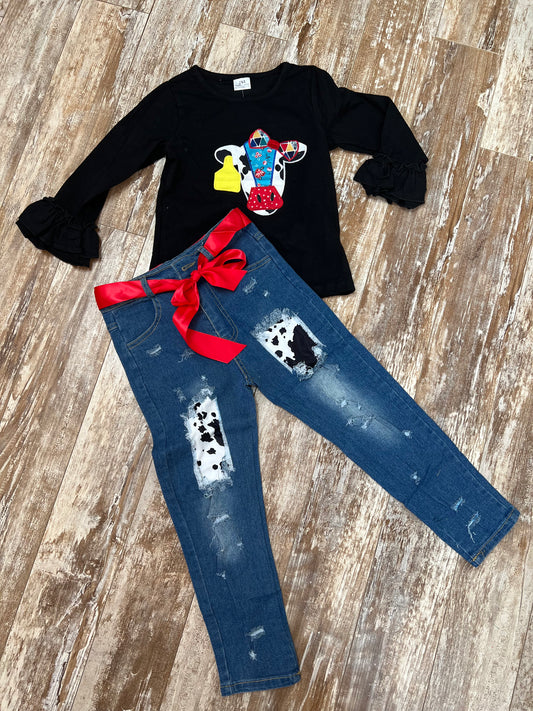 Girls Cow Applique Bell Sleeve Top with Dark Blue Denim Pants